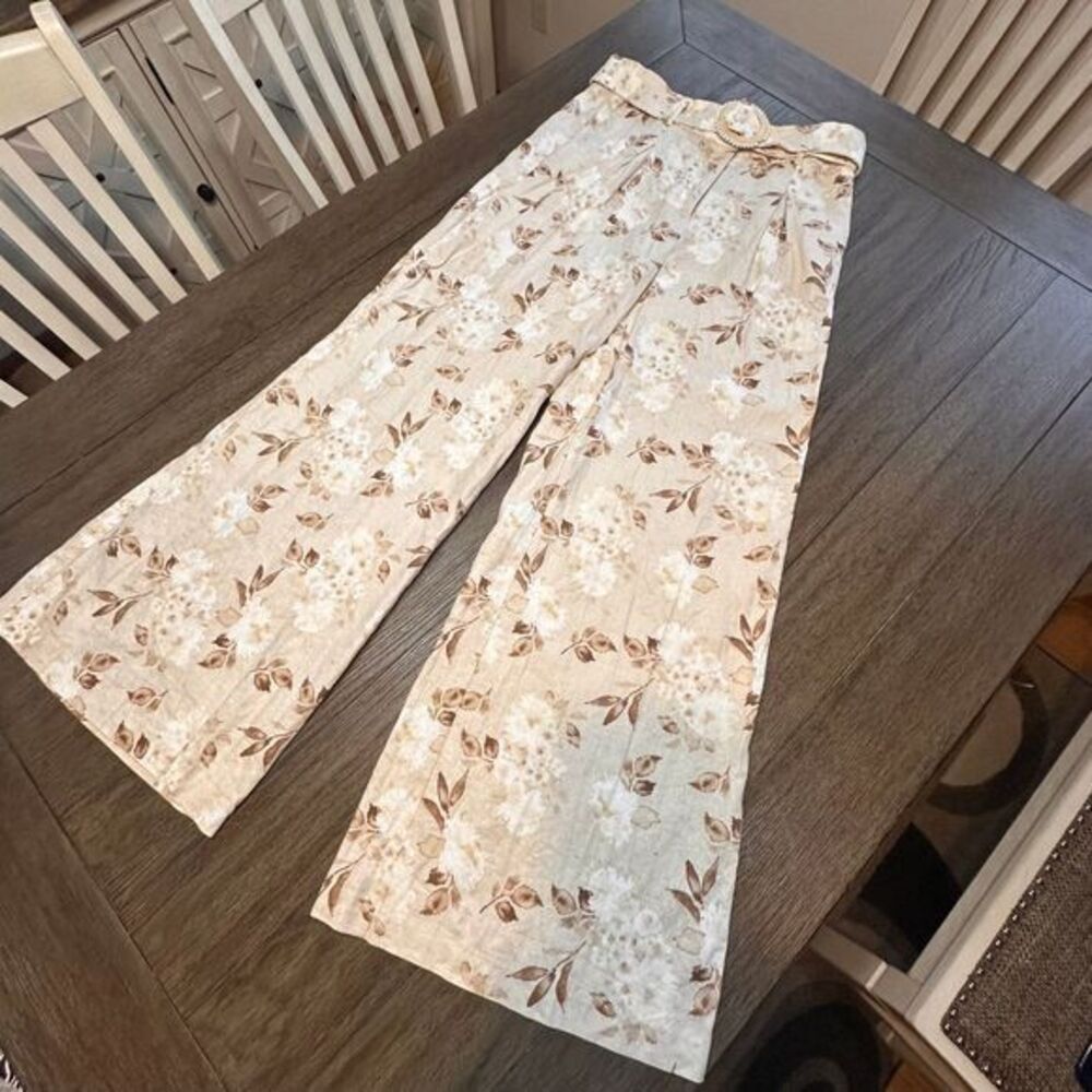 House of Harlow 1960 Floral Wide‎ Leg Linen Pants with Pearl Trim Detail Size 8